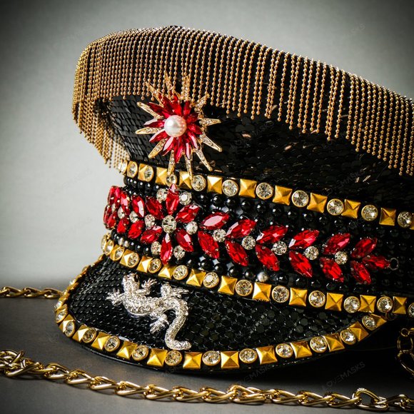 Festival Rave Burning Man Captain Hat Black Gold Military Cap with Gold Chain main image 6